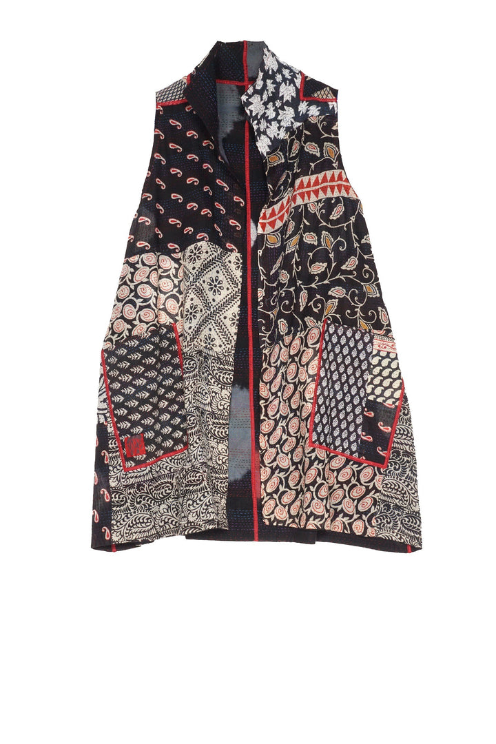 PATCH & CIRCLE PRINT KANTHA WING COLLAR VEST - pc2207-blk -