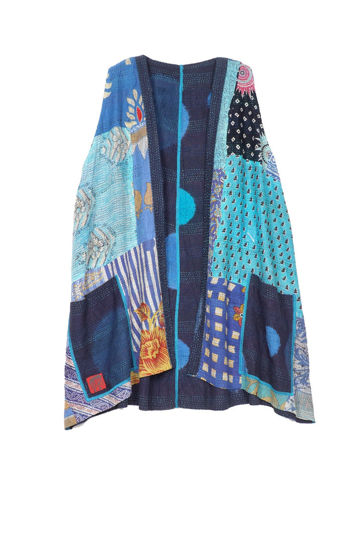 PATCH & CIRCLE PRINT KANTHA BELL SHAPE LONG VEST - pc2225-blu -