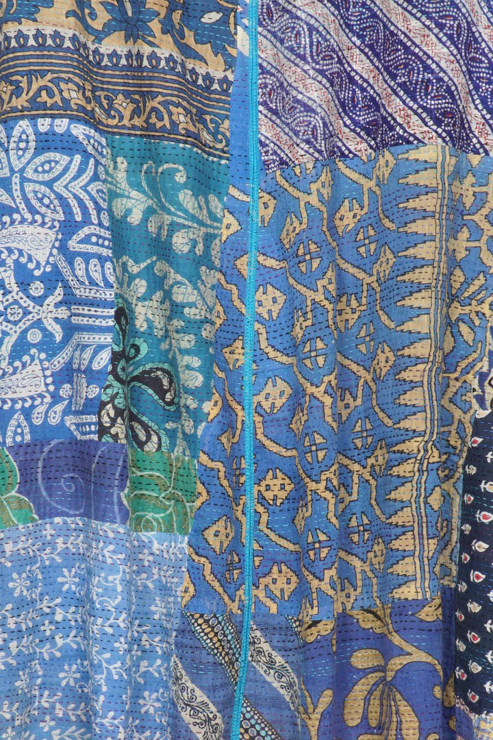 PATCH & CIRCLE PRINT KANTHA BELL SHAPE LONG VEST - pc2225-blu -