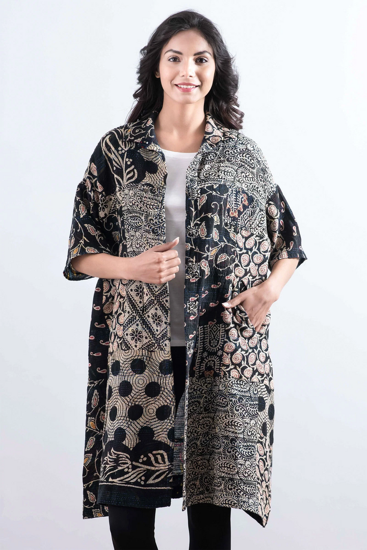 PATCHED & LEAVES KANTHA HALF SLV. SHIRT DRESS - pl2429-blk -