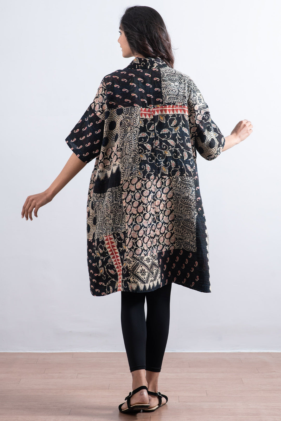 PATCHED & LEAVES KANTHA HALF SLV. SHIRT DRESS - pl2429-blk -