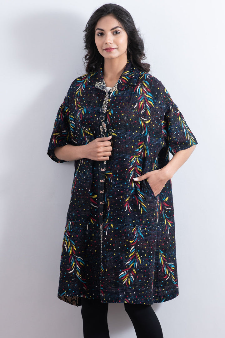 PATCHED & LEAVES KANTHA HALF SLV. SHIRT DRESS - pl2429-blk -
