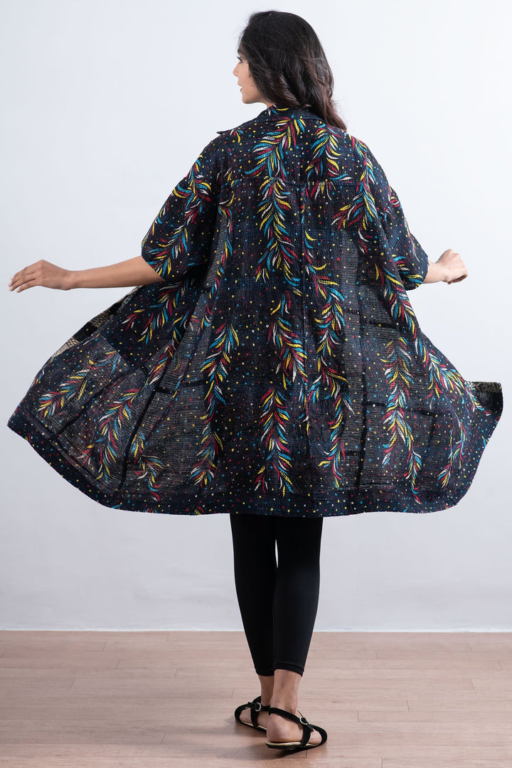PATCHED & LEAVES KANTHA HALF SLV. SHIRT DRESS - pl2429-blk -