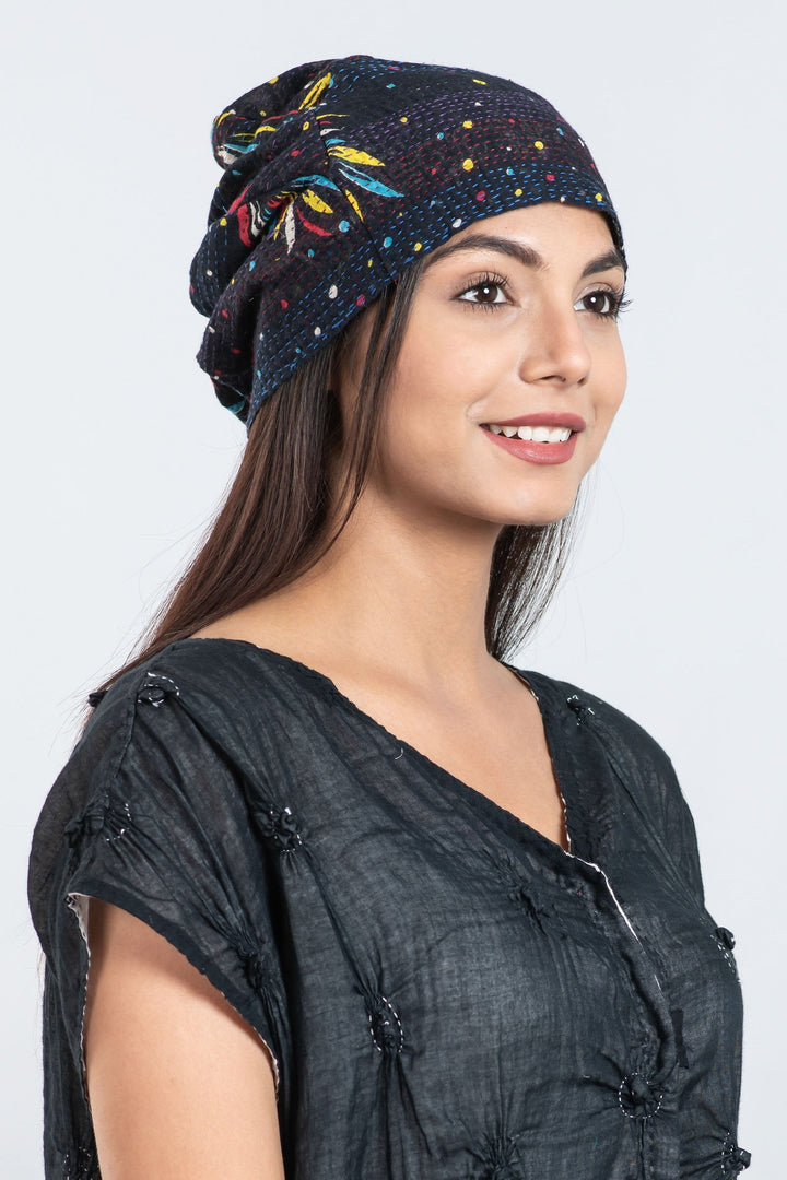 PATCHED & LEAVES KANTHA PATCHWORK HAT - pl2880-blk -