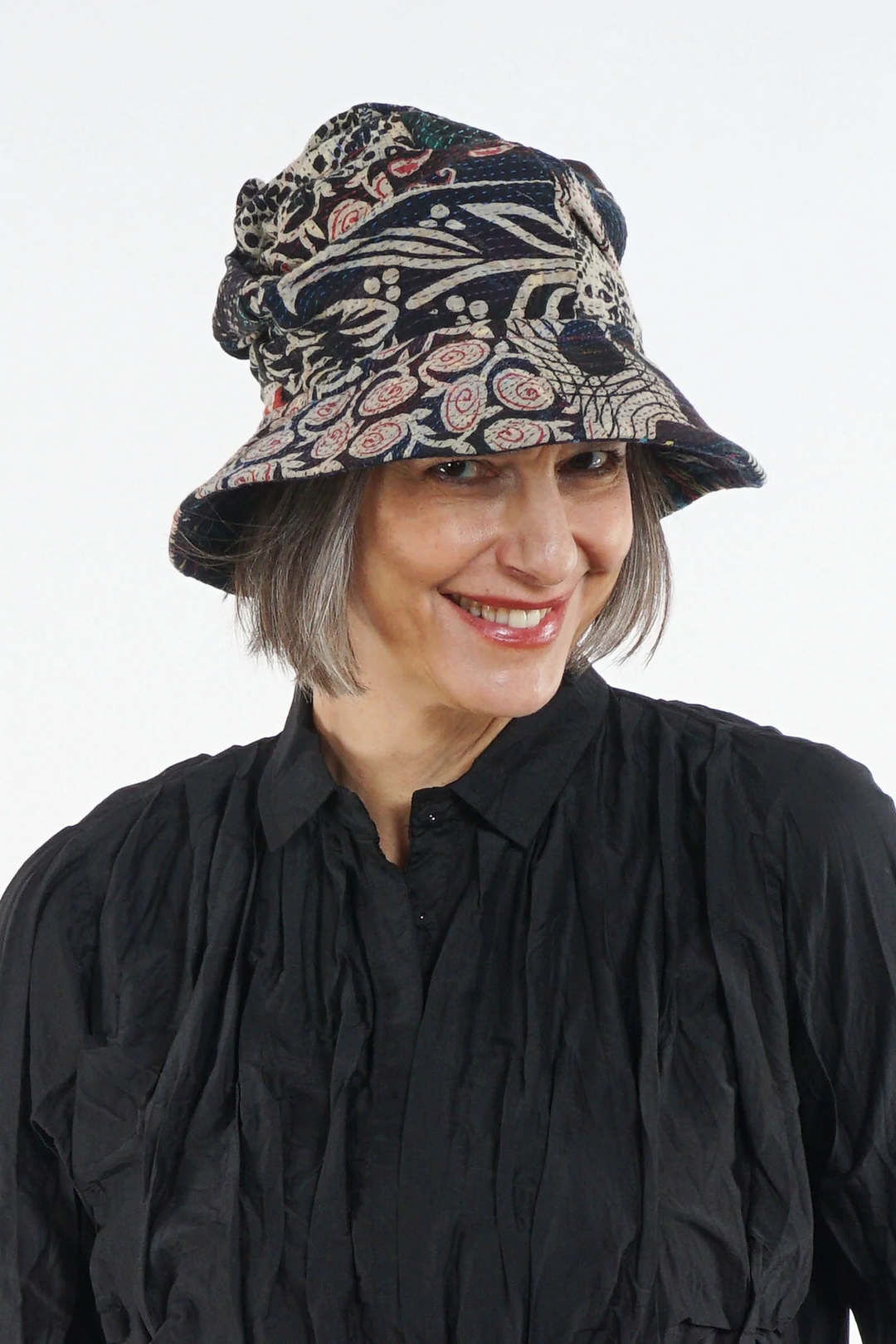 PATCHED & LEAVES KANTHA FULL BRIM HAT - pl2889-blk -
