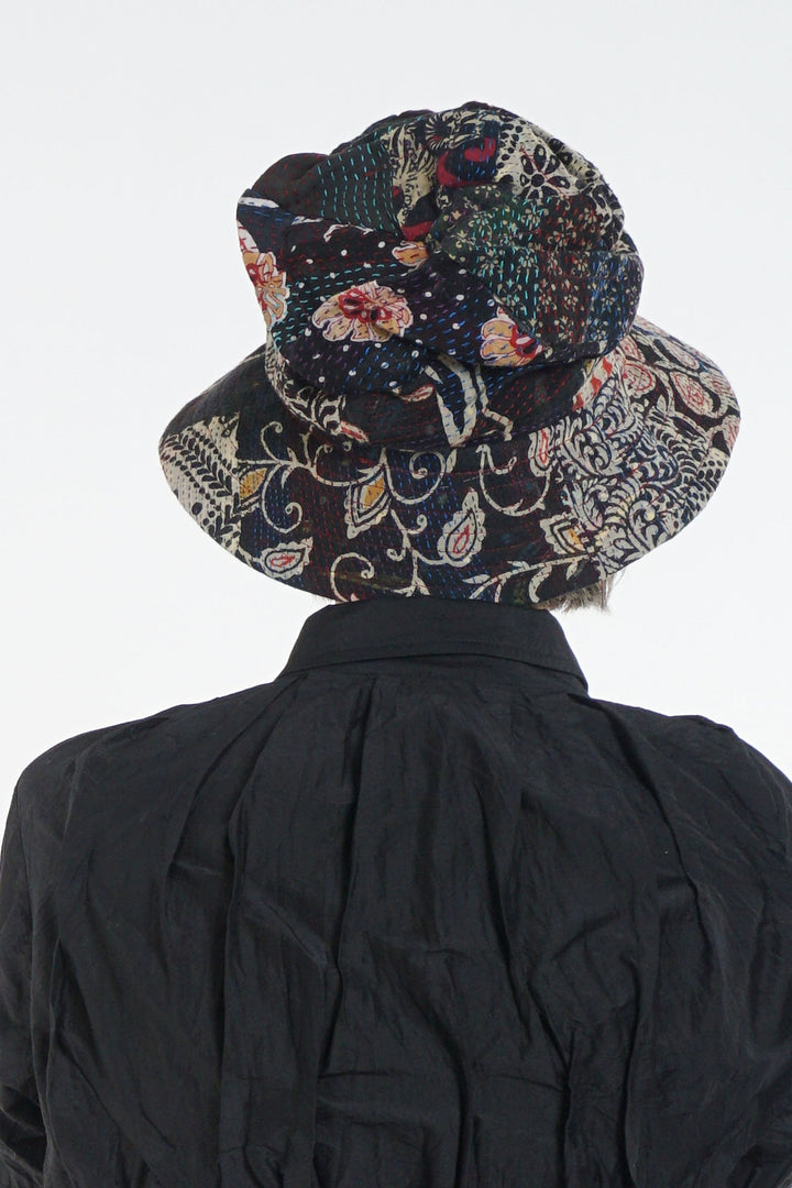 PATCHED & LEAVES KANTHA FULL BRIM HAT - pl2889-blk -