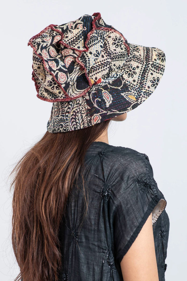 PATCHED & LEAVES KANTHA FULL BRIM HAT - pl2889-blk -