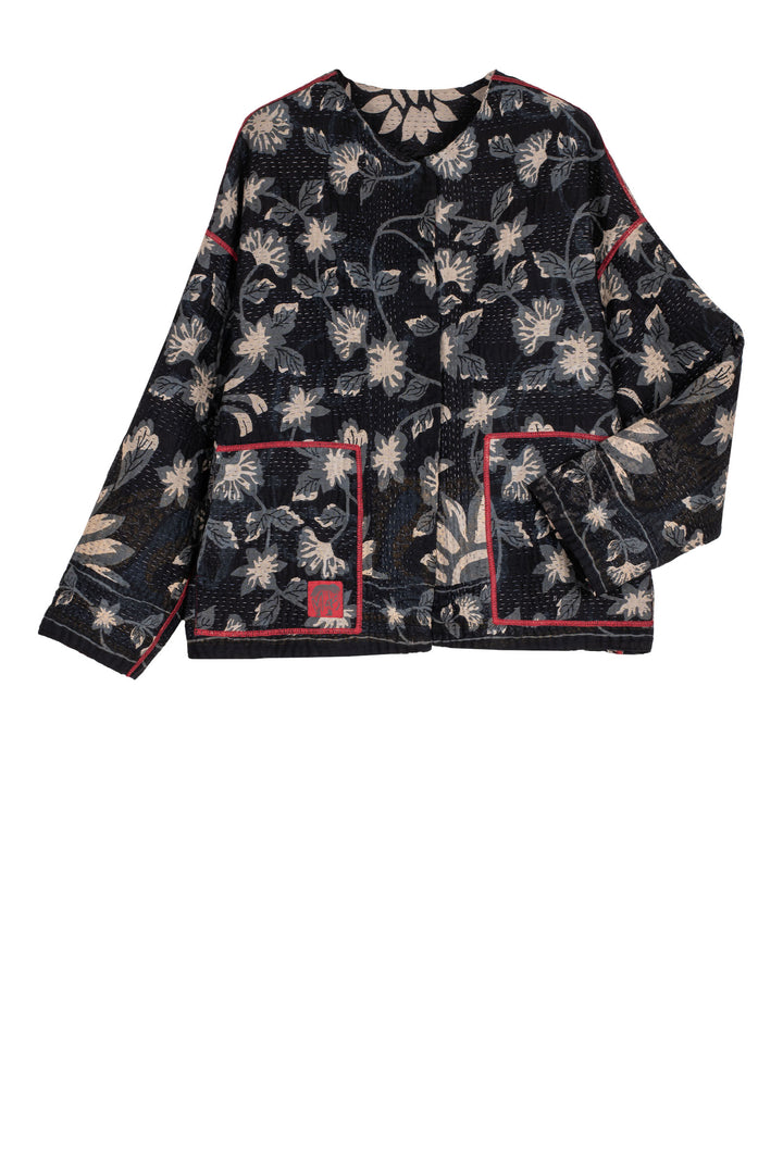 BLACK AND WHITE PRINT PATCH KANTHA CREW NECK SHORT JACKET - pn4053-blk -