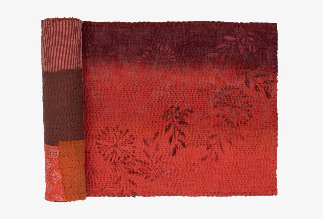 Vintage Fray Patch & Ombre Kantha Table Runner -Carrot -