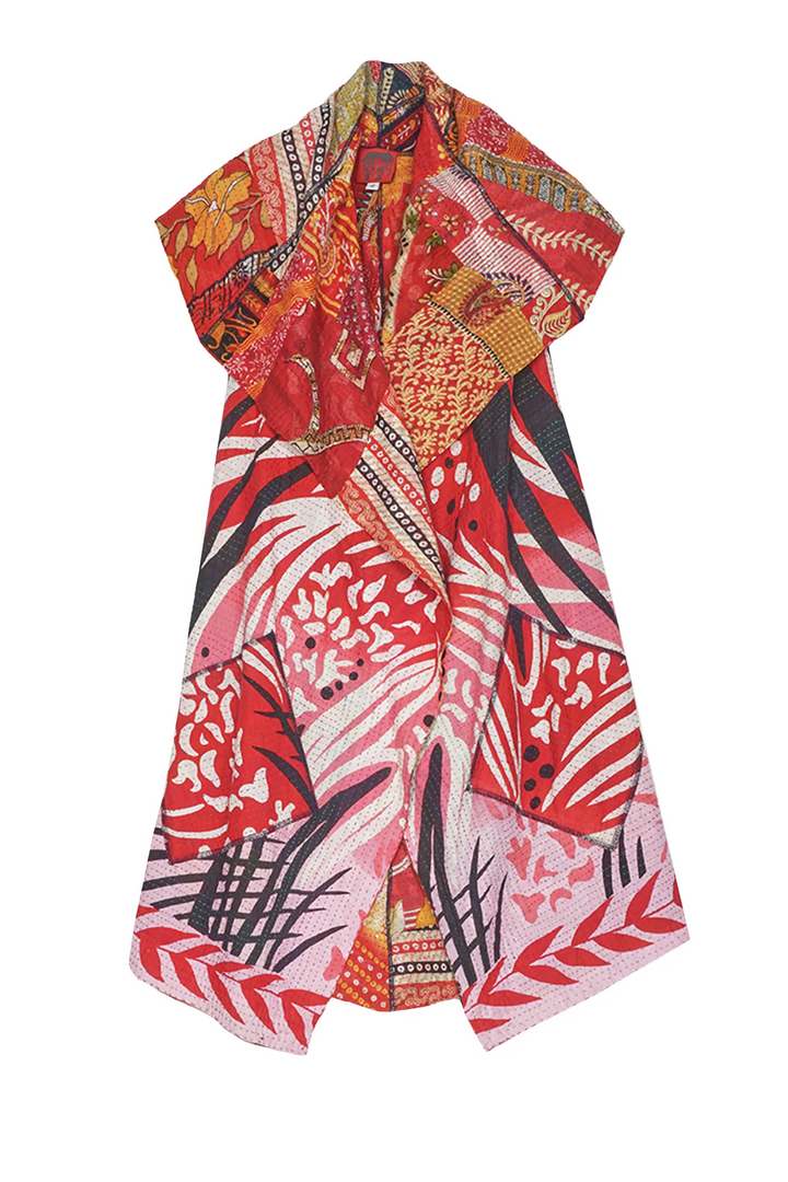 PATCHED PRINT KANTHA CIRCULAR VEST - pp2201-red -