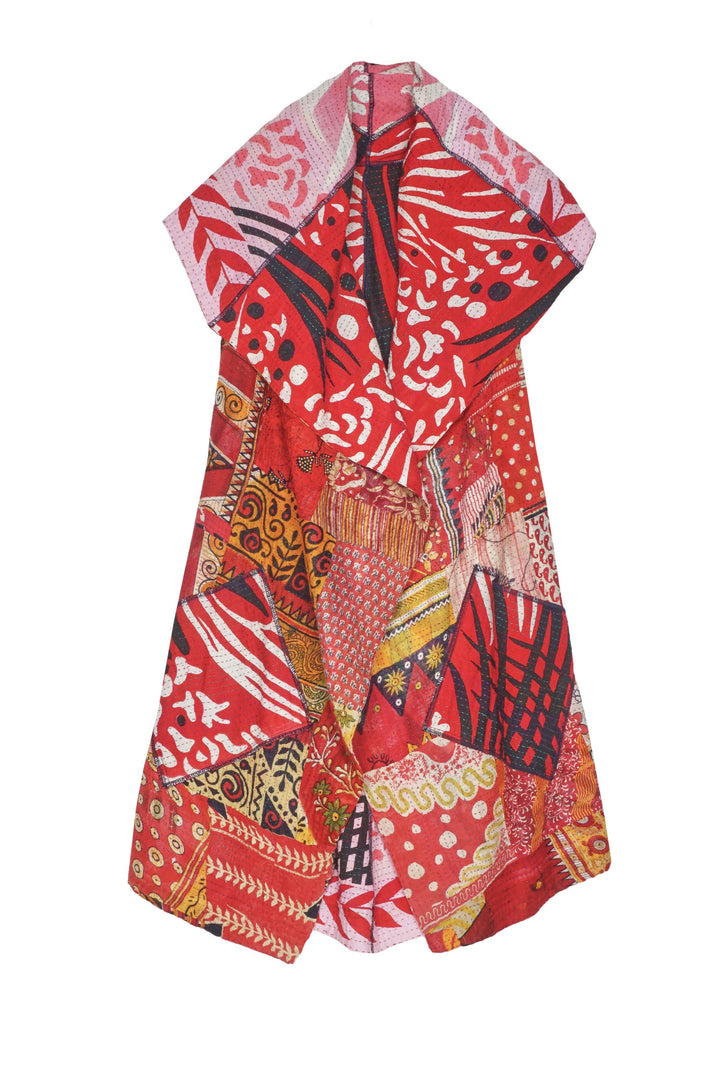 PATCHED PRINT KANTHA CIRCULAR VEST - pp2201-red -