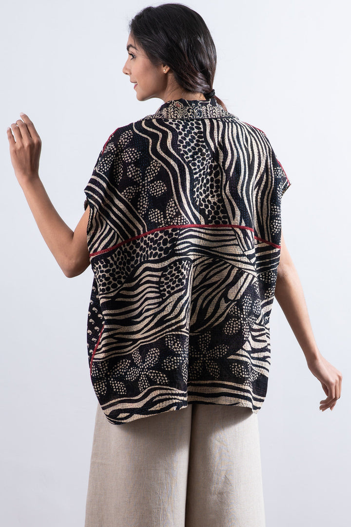 PATCHED PRINT KANTHA CAP SLV. SHIRT - pp2530-blk -
