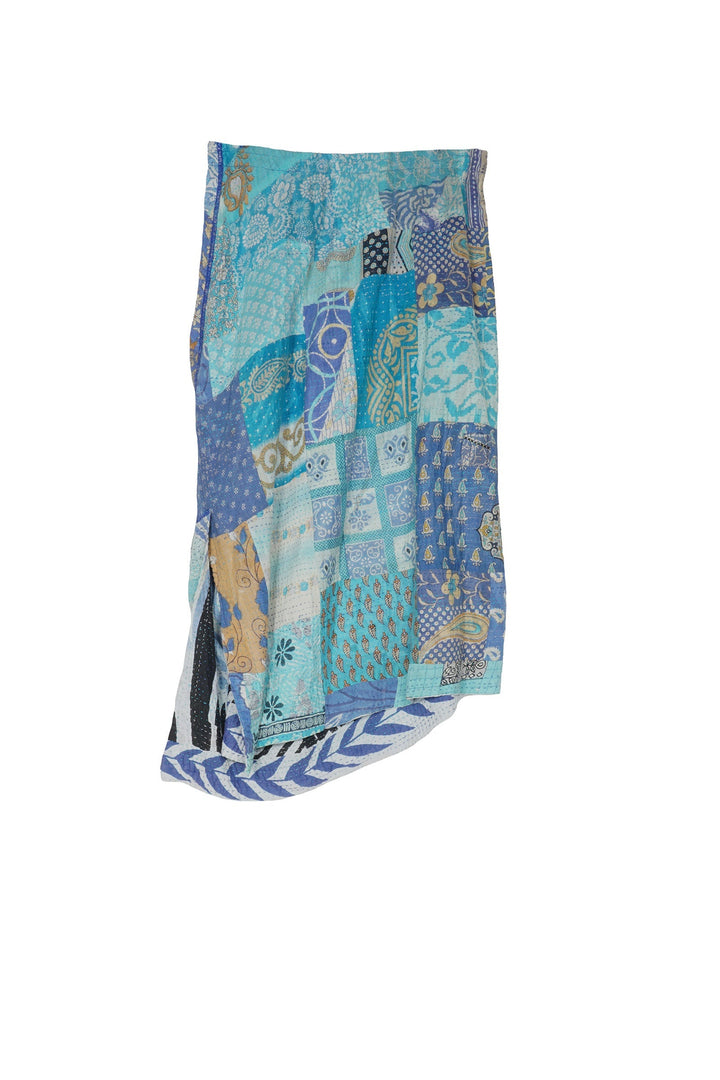 PATCHED PRINT KANTHA POCKET DRAPE LONG SKIRT - pp2601-blu -