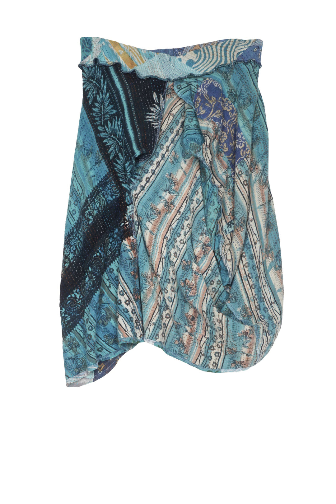 PATCHED PRINT KANTHA POCKET DRAPE SKIRT - pp2602-blu -