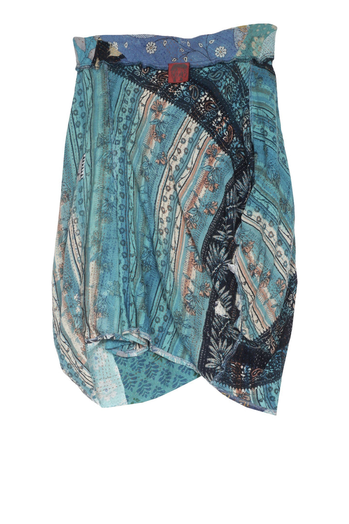 PATCHED PRINT KANTHA POCKET DRAPE SKIRT - pp2602-blu -