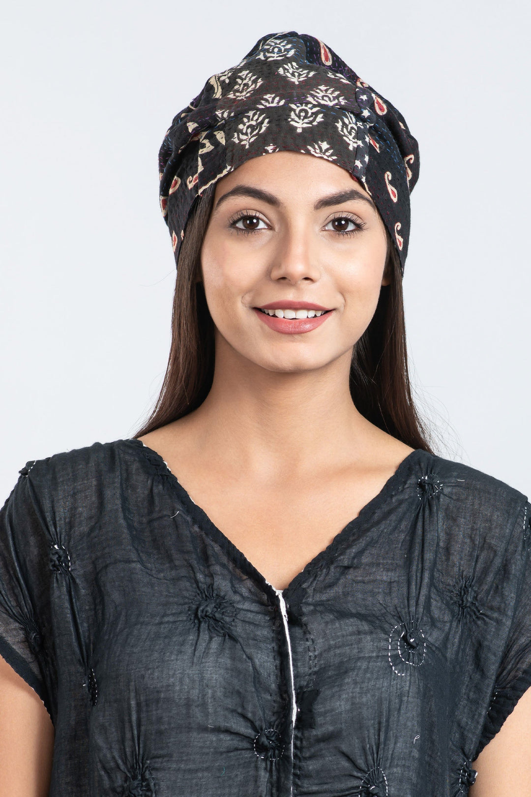 PATCHED PRINT KANTHA PATCHWORK HAT - pp2880-blk -