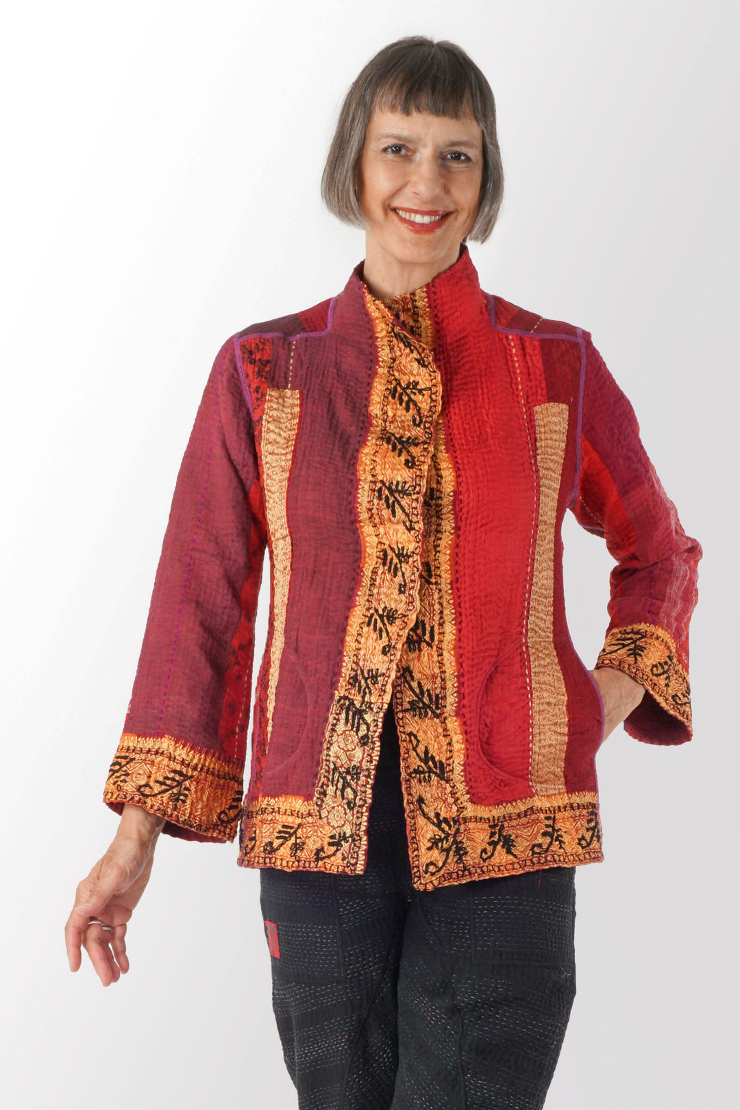 STRIPE RALLIS KANTHA SHORT JKT - pr4007-red -