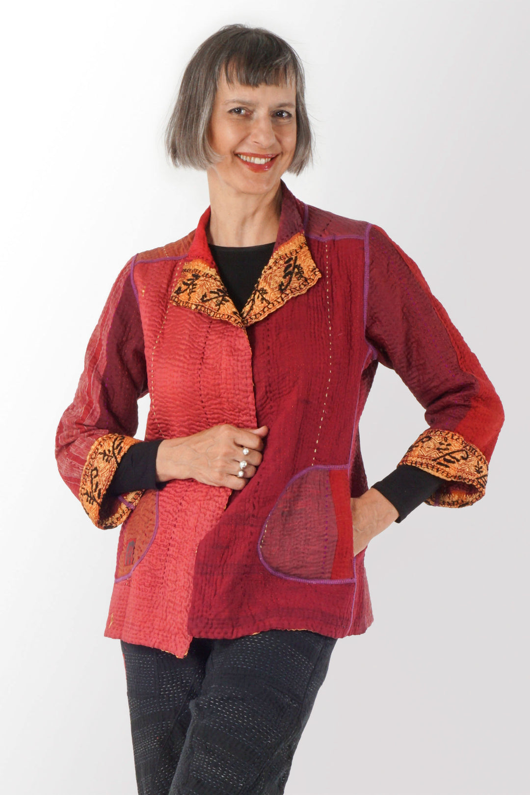 STRIPE RALLIS KANTHA SHORT JKT - pr4007-red -