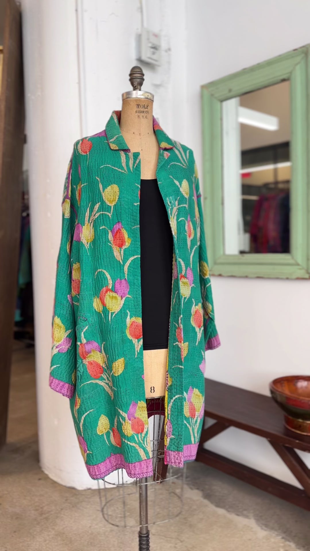 VINTAGE COTTON KANTHA LONG LINE JKT - cv4059-0007l -