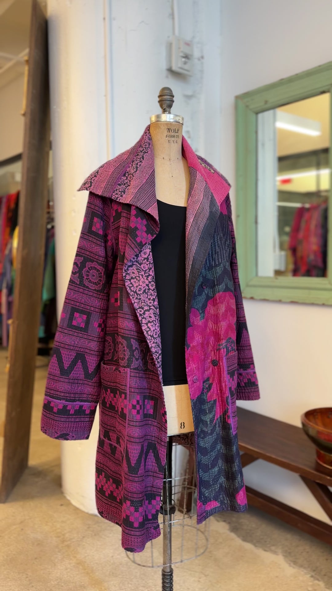 VINTAGE COTTON KANTHA POCKET MEDIUM COAT - cv4316-0047m -