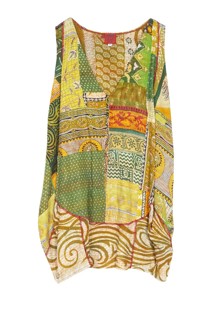 PATCHED PRINT W VINTAGE BACKING KANTHA KANGAROO TUNIC - pv2504-grn -