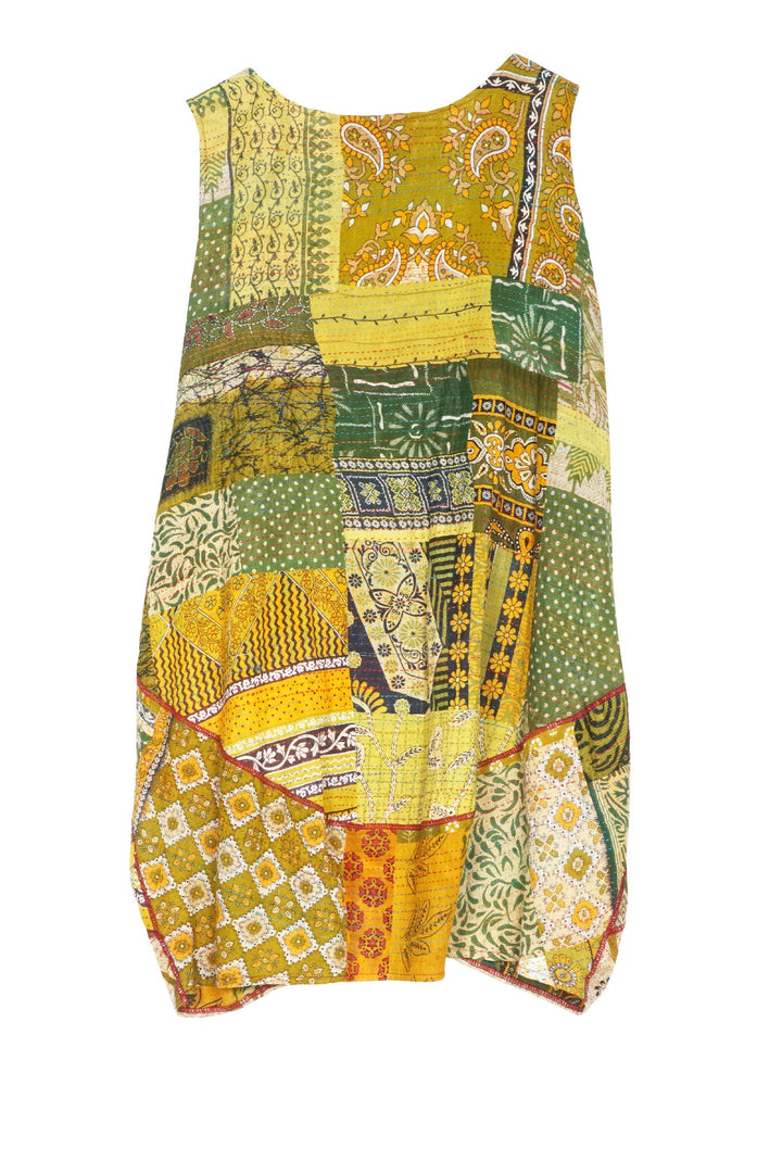 PATCHED PRINT W VINTAGE BACKING KANTHA KANGAROO TUNIC - pv2504-grn -