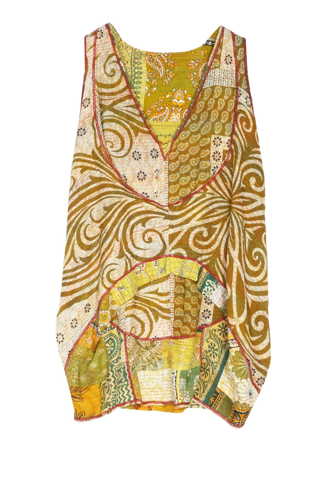 PATCHED PRINT W VINTAGE BACKING KANTHA KANGAROO TUNIC - pv2504-grn -