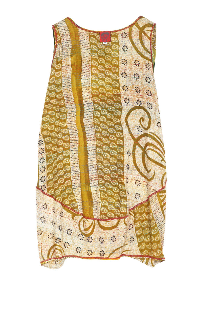 PATCHED PRINT W VINTAGE BACKING KANTHA KANGAROO TUNIC - pv2504-grn -