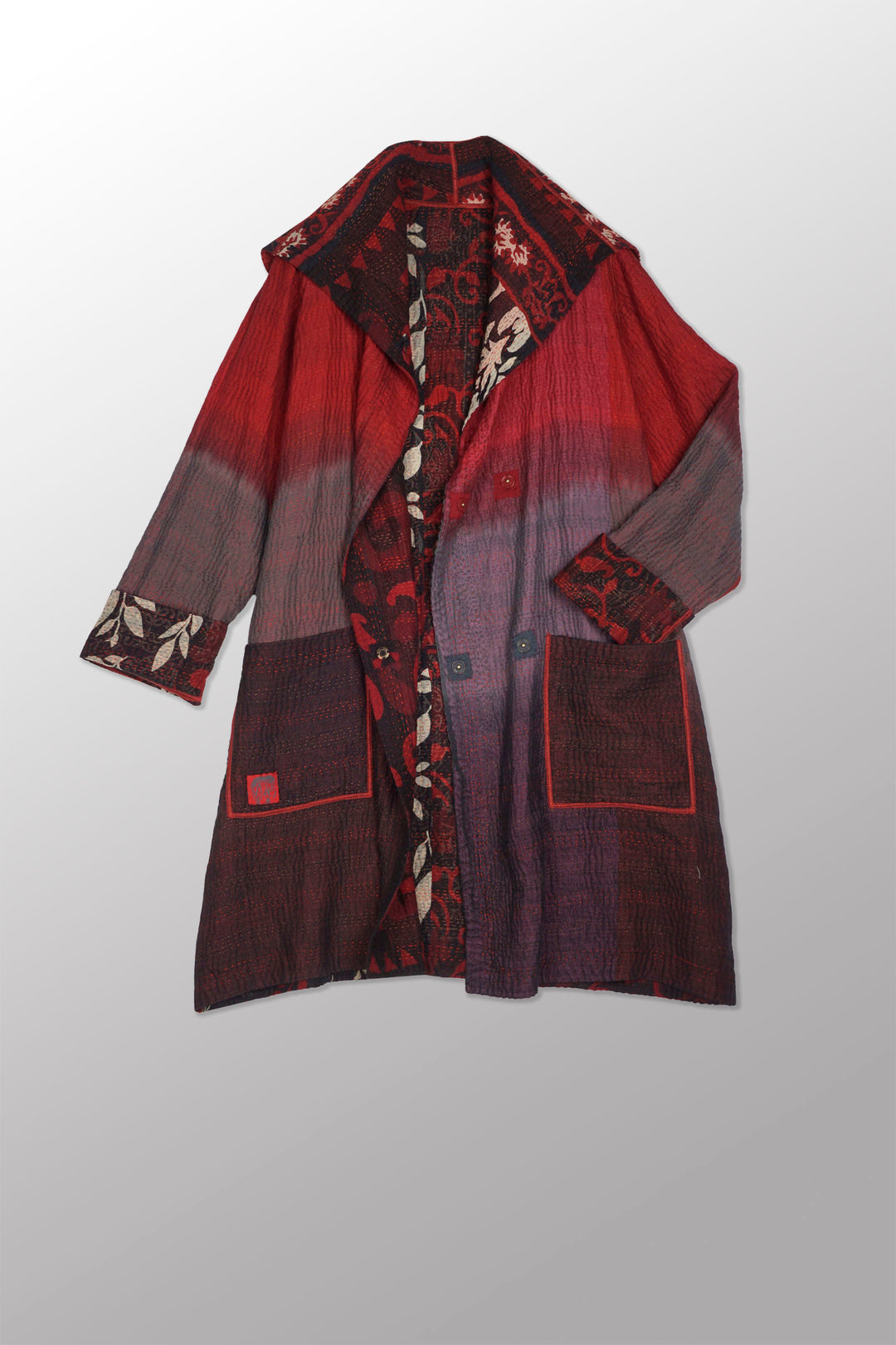 BIG PRINTED PATCH WITH OMBRE BACKING KANTHA  POCKET MEDIUM COAT - px4316-red -