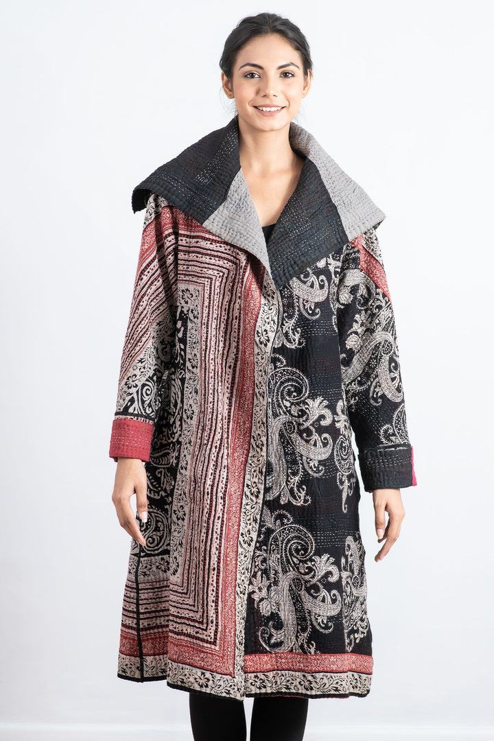 PAISLEY & PATCH KANTHA A-LINE COAT - py4309-blk -