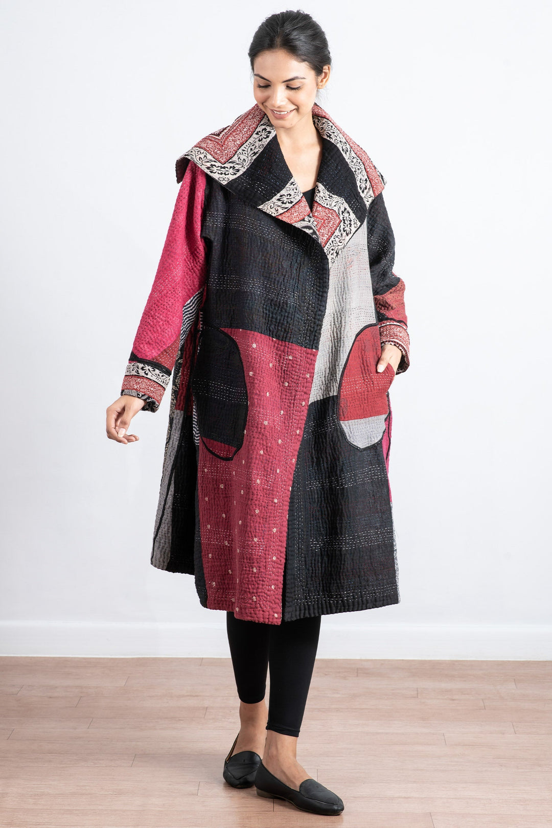 PAISLEY & PATCH KANTHA A-LINE COAT - py4309-blk -