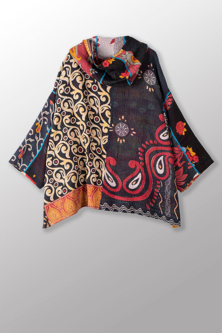 PUZZLE KANTHA HOODIE PONCHO - pz4064-red -