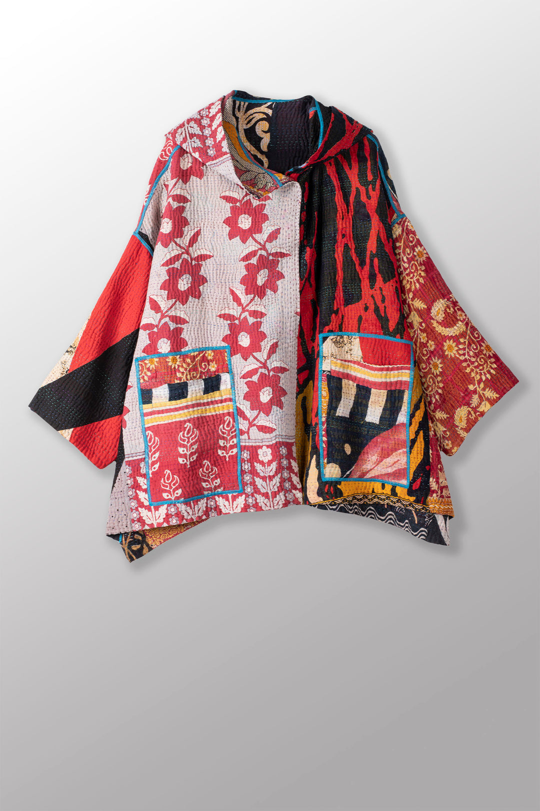 PUZZLE KANTHA HOODIE PONCHO - pz4064-red -