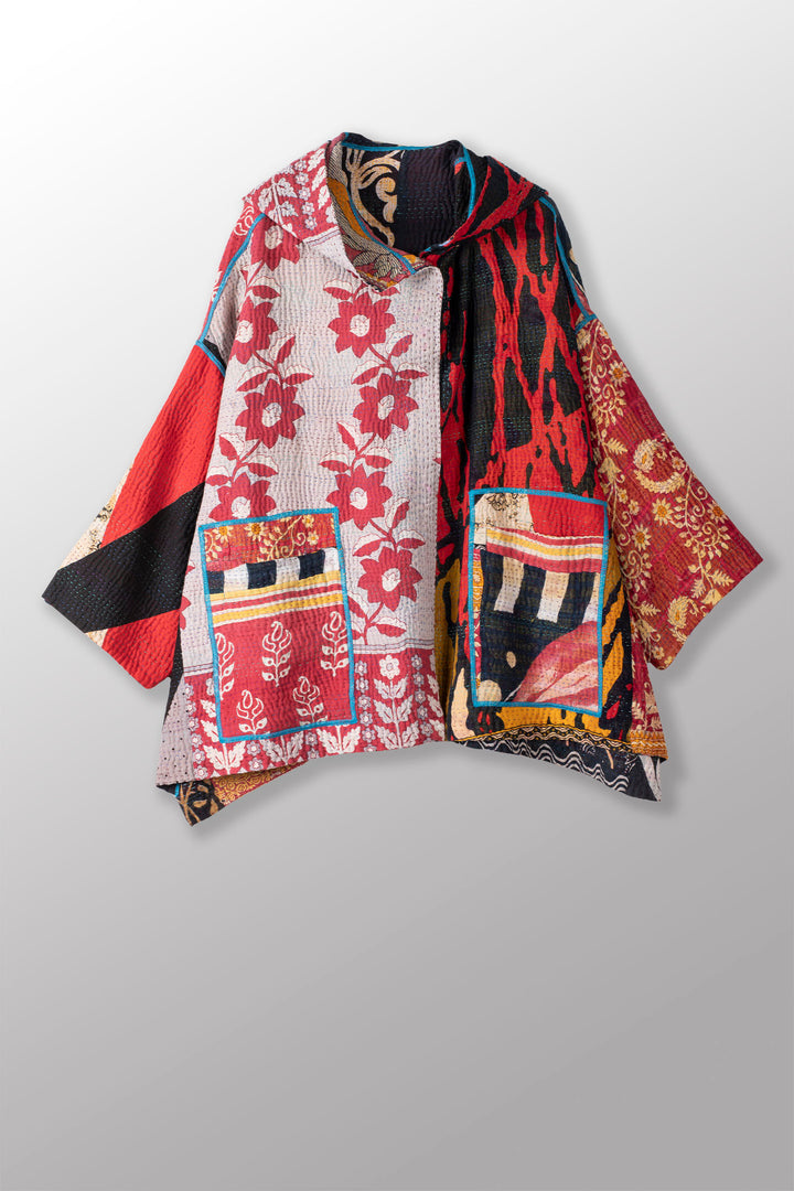 PUZZLE KANTHA HOODIE PONCHO - pz4064-red -