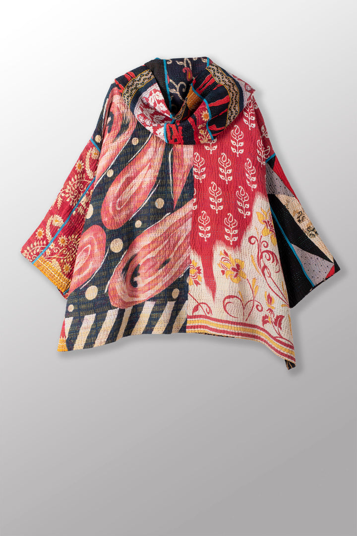 PUZZLE KANTHA HOODIE PONCHO - pz4064-red -