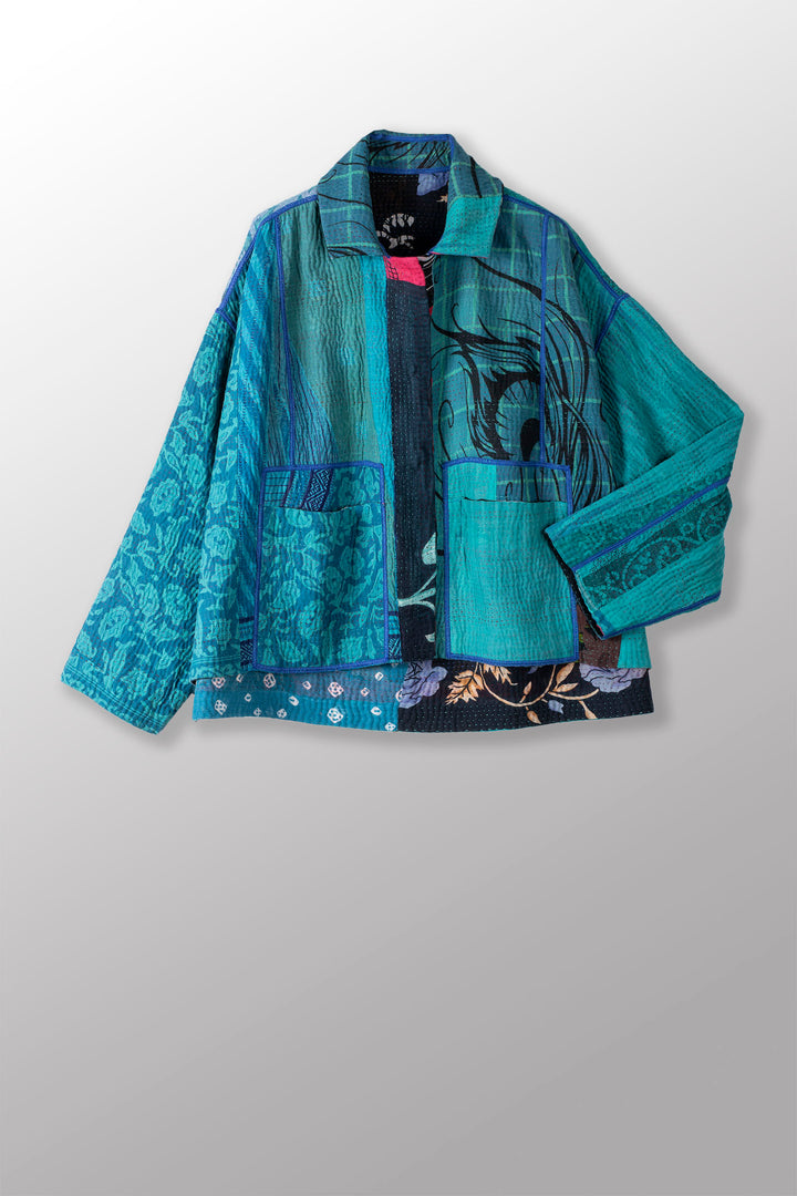 PUZZLE KANTHA CROPPED SHIRT JACKET - pz4075-blu -