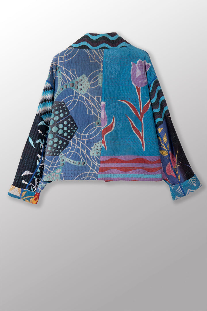 PUZZLE KANTHA LAPELED SINGLE SHORT JACKET - pz4087-blu -