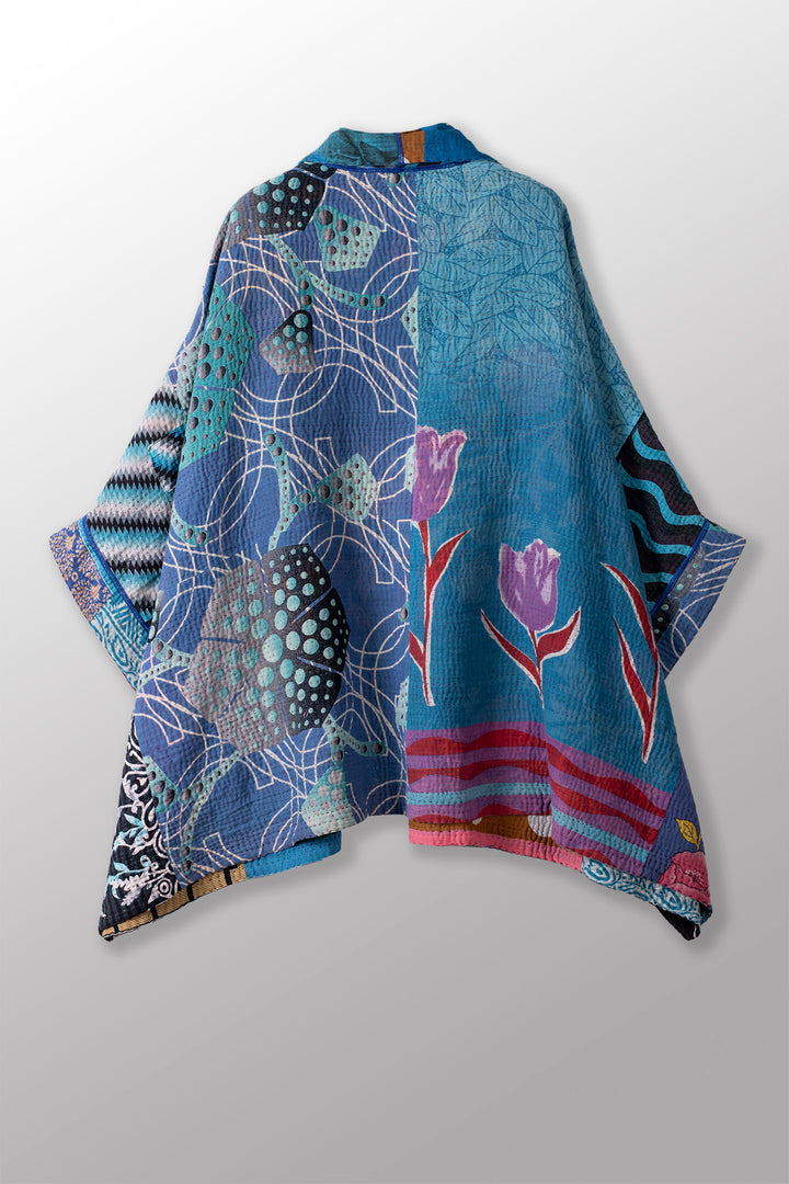 PUZZLE KANTHA DOUBLE COLLAR PONCHO - pz4323-blu -