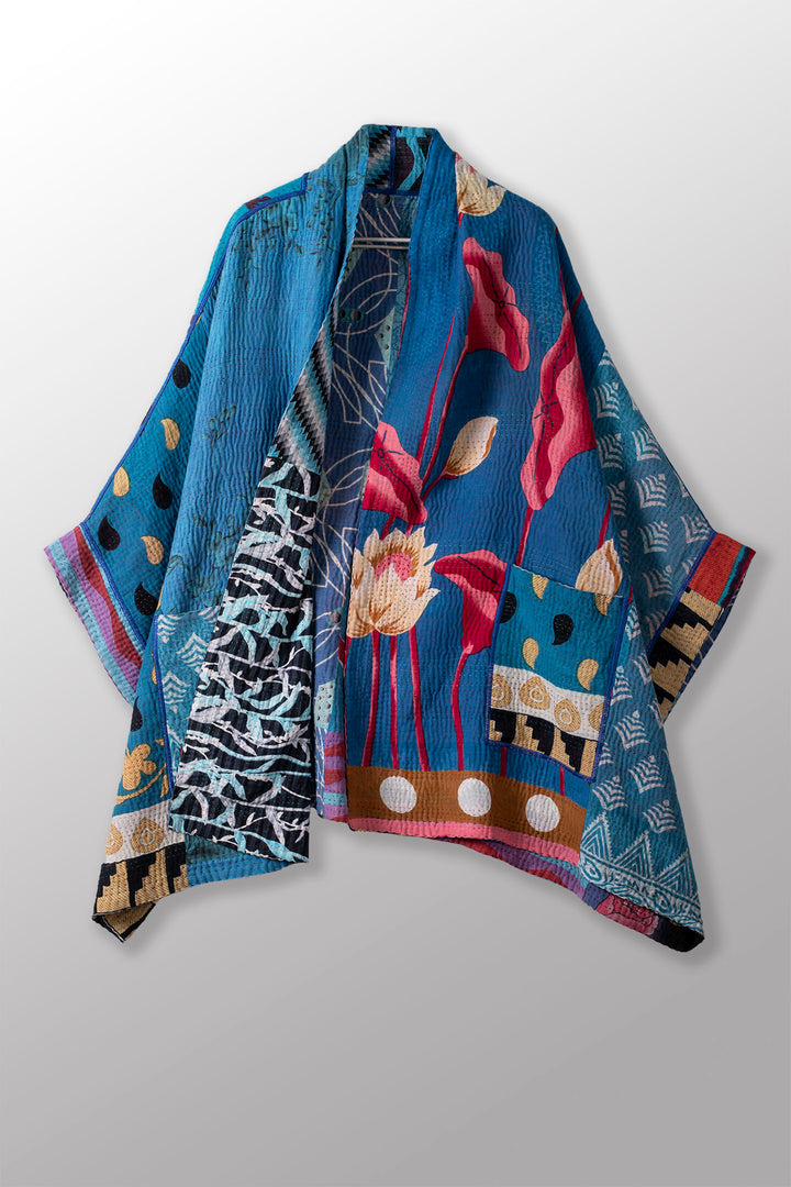 PUZZLE KANTHA DOUBLE COLLAR PONCHO - pz4323-blu -