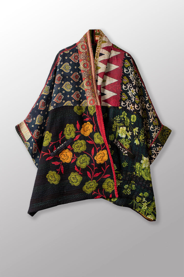 PUZZLE KANTHA DOUBLE COLLAR PONCHO - pz4323-grn -