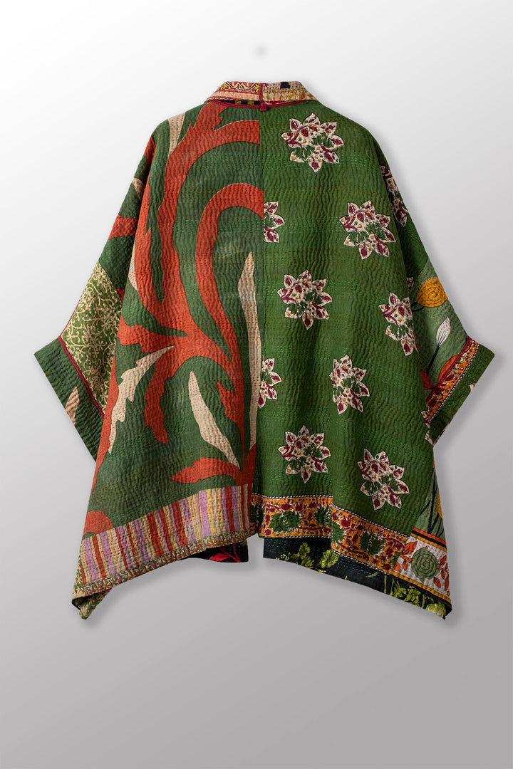 PUZZLE KANTHA DOUBLE COLLAR PONCHO - pz4323-grn -