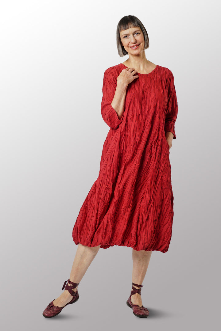 POLISHED COTTON RANDOM TUCK VOILE CREW NECK PUMPKIN DRESS - rc1444-red -