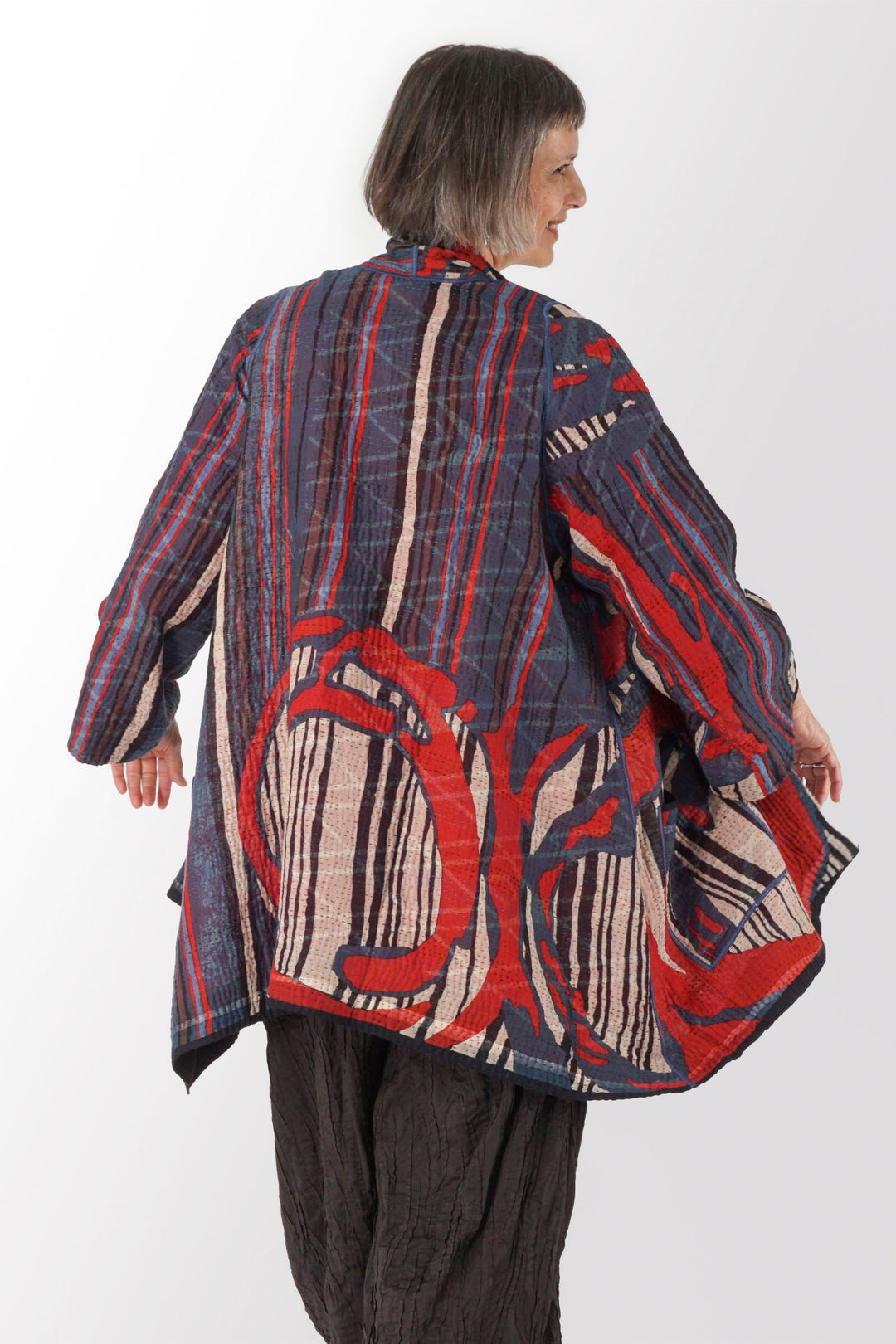 STRIPE AND BENDS KANTHA A-LINE JACKET - sb4003-red -