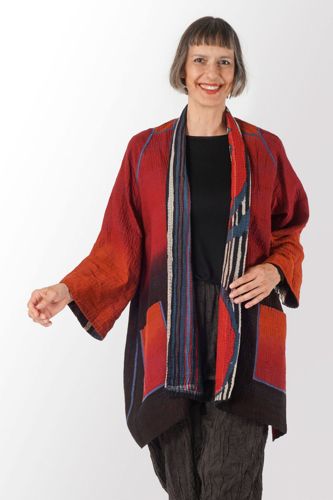 STRIPE AND BENDS KANTHA A-LINE JACKET - sb4003-red -