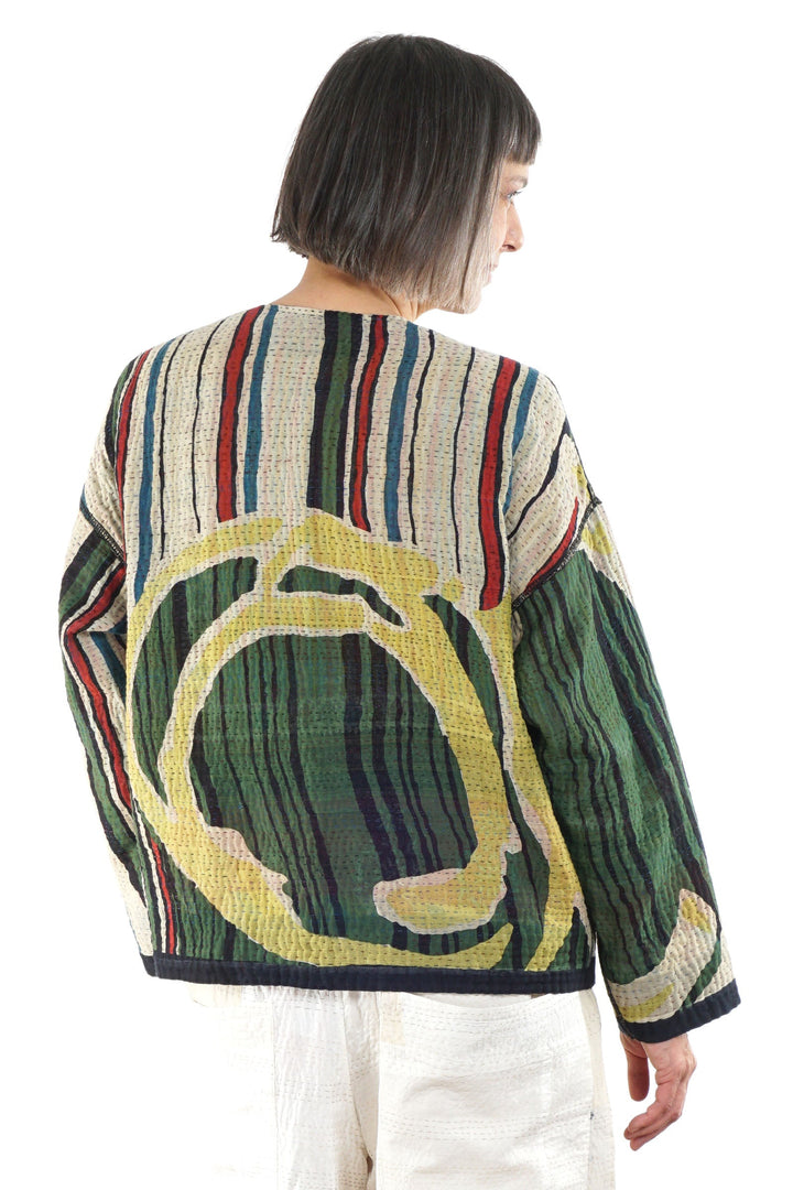 STRIPE AND BENDS KANTHA CREW NECK SHORT JACKET - sb4053-grn -