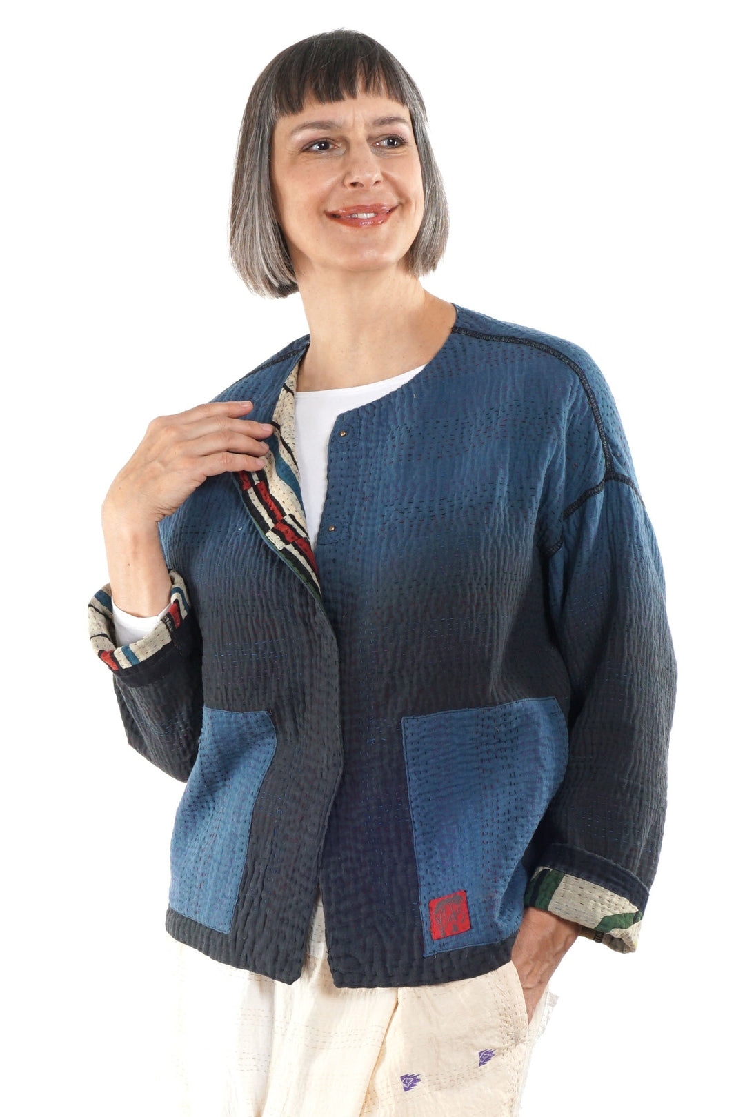 STRIPE AND BENDS KANTHA CREW NECK SHORT JACKET - sb4053-grn -