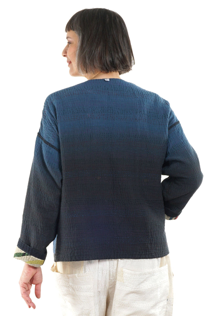 STRIPE AND BENDS KANTHA CREW NECK SHORT JACKET - sb4053-grn -