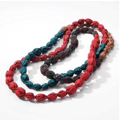 VINTAGE SILK KANTHA TIE-BEADS LONG NECKLACE - sv2707-tel -