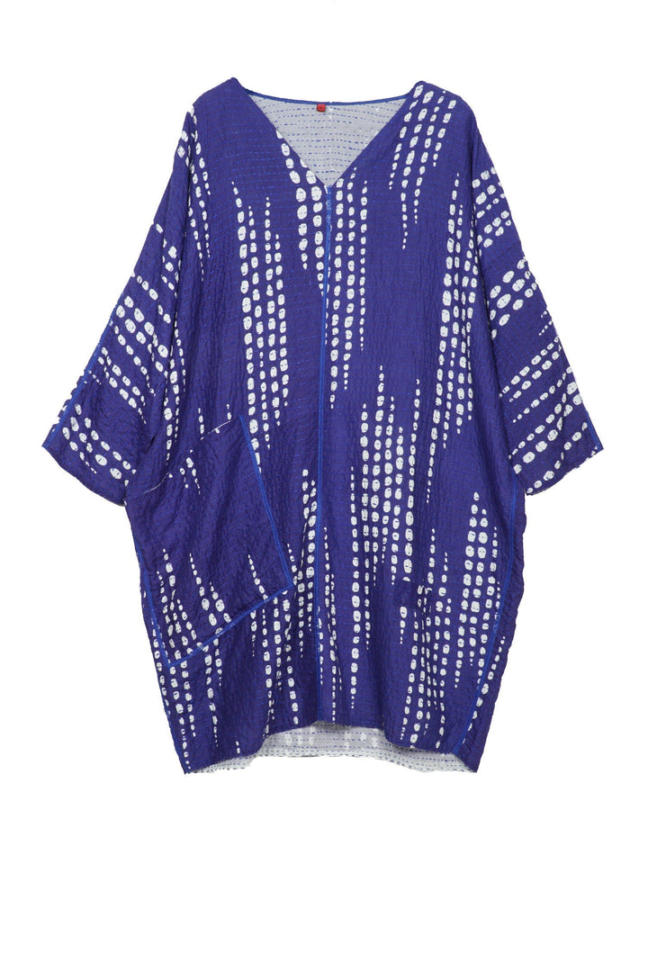 SHIBORI DROP BBK KANTHA DOLMAN SLV. DRESS - sd2410-blu -