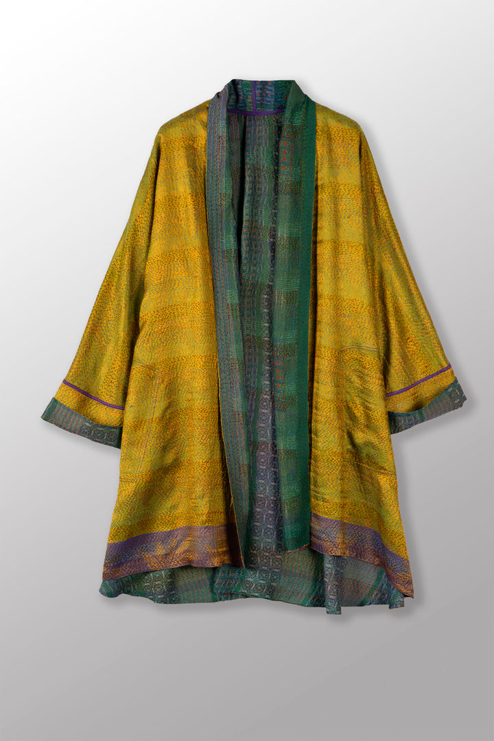 VINTAGE SILK GEORGETTE KANTHA KIMONO LONG JACKET - sg2005-0005a -